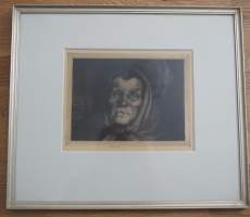 Mikko Oinonen, &quot; Taiteilijan äiti&quot;, viivasyövytys ja akvatinta&quot;  sign 1922 , 45x52 cm