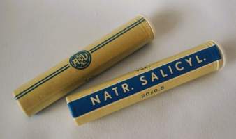 Natr. Salicyl  - tyhjä käyttämätön  tuotepakkaus  lääkepurkki  pahvia   80x15 mm