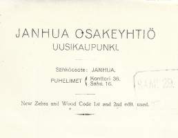 Janhua Oy Uusikaupunki  1924  - firmalomake