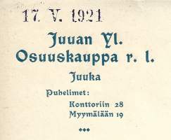 Juuan Osuuskauppa rl Juuka 1921  - firmalomake