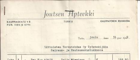 Joutsen Apteekki   Turku 1949 - firmalomake