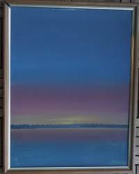 Lapin Kulta (Auringonnousu) öljyvärimaalaus levylle ,55x46  cm sign 1996 - takana Näyttely 11.5.1996 Vanha Pappila kehystetty