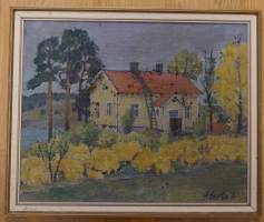 Aarne Eerto, &quot;Talo&quot;öljymaalaus levylle  sign 1960, 46x56 cm kehystetty