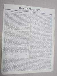 Den 27. Mars 1905 -sortokauden aikainen Tukholmassa julkaistu lehtinen