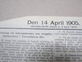 Den 14. April 1905 -sortokauden aikainen Tukholmassa julkaistu lehtinen