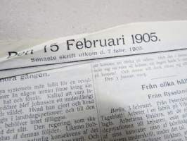 Den 15. Februari 1905 -sortokauden aikainen Tukholmassa julkaistu lehtinen