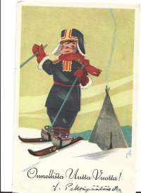 Lapin poika postikortti uudenvuodenkortti kulkenut 1956 numeroleima 4955