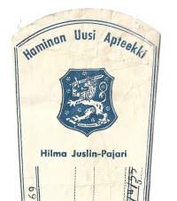 Haminan  Uusi Apteekki  Hilma Juslin-Pajari Hamina   resepti  signatuuri  1955