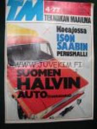 Tekniikan Maailma 1977 nr 4. Koeajossa ison Saabin perusmalli. Saab 96 GL, Moskvitsh Pick-up,  Datsun 100 A, VW Derby . M V Agusta 125. Takakannessa