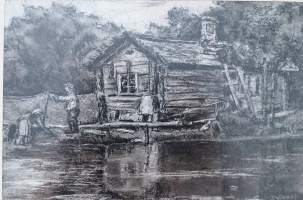 Paavo Sainio,  &quot;Pyykkiranta&quot; mustaliitu   koko 21x27 cm