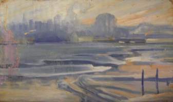 John Dielhardt, &quot;Keväiset jäät 1915&quot; öljyvärimaalaus levylle  30x51 cm