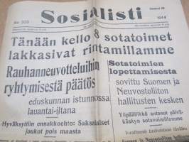 Sosialisti, 4.9.1944 - Tänään klo 8.00 sotatoimet lakkasivat rinatamillamme, Rauhanneuttoluihin ryhtymisestä päätös -sanomalehti