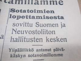 Sosialisti, 4.9.1944 - Tänään klo 8.00 sotatoimet lakkasivat rinatamillamme, Rauhanneuttoluihin ryhtymisestä päätös -sanomalehti