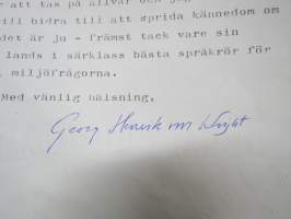 Georg Henrik von Wright - nimikirjoitus, kirje Erik Wahlströmille (Hufvudstadsbladet), 26.11.1997 / autograph, signed letter to editor E. Wahlström