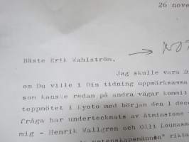 Georg Henrik von Wright - nimikirjoitus, kirje Erik Wahlströmille (Hufvudstadsbladet), 26.11.1997 / autograph, signed letter to editor E. Wahlström