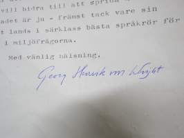 Georg Henrik von Wright - nimikirjoitus, kirje Erik Wahlströmille (Hufvudstadsbladet), 26.11.1997 / autograph, signed letter to editor E. Wahlström