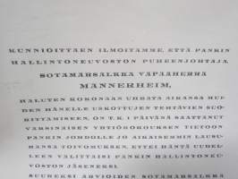 Helsingin Osakepankki, ilmoitamme, että Sotamarsalkka Vapaaherra Mannerheim... oman toivomuksensa mukaisesti pyytää jäädä valitsematta pankin hallintoneuvostoon 1935