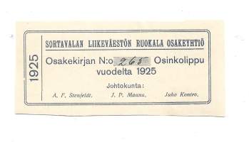 Sortavalan Liikeväestön Ruokala Oy -  osinkolippu 1925