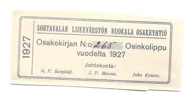 Sortavalan Liikeväestön Ruokala Oy -  osinkolippu 1927