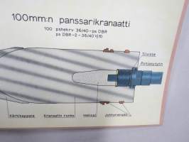 84/57 psa Vj 4, 100 mm panssarikranaatti - Ammus lentoradan alussa -SA opetustaulu, tukevaa kartonkia, käytetty varusmieskoulutuksessa