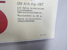 120 Krh:n suomalainen kranaatti, perus- ja lisäpanokset -SA opetustaulu, tukevaa kartonkia, käytetty varusmieskoulutuksessa