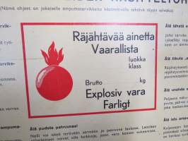 Ampumatarvikkeiden käsittelyohjeet -SA opetustaulu, tukevaa kartonkia, käytetty varusmieskoulutuksessa