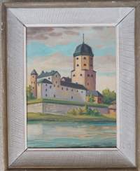 M. Pitkänen, &quot;Viipurin linna&quot; öljymaalaus levylle sign 1947, 54x32 cm