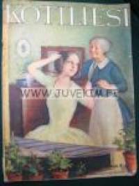 Kotiliesi 1934 nr 3 kansi Rudolf Koivu &quot;Runebergin Hanna&quot;, työkalujen teroittamisesta kotitaloudessa, Joutsenon reikäommel, taulujen hoidosta kotona, puvun