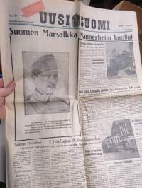 Uusi Suomi numerot 28.1-5.2.1951 Sotamarsalkka Mannerheim kuollut, hautajaiset - 9 peräkkäistä lehteä kuolemasta hautajaisiin
