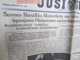 Uusi Suomi numerot 28.1-5.2.1951 Sotamarsalkka Mannerheim kuollut, hautajaiset - 9 peräkkäistä lehteä kuolemasta hautajaisiin