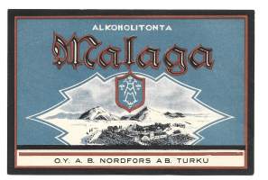 Malaga  -   juomaetiketti viinaetiketti   Turun Kivipaino/ Anders Nordforsin perusti vuonna 1867 Turkuun  viini- ja likööritehtaan. Viinien ja liköörien