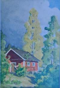 Gunnar Forsström, &quot;Punainen tupa ja ...&quot; akvarelli  sign G F  40x28 cm