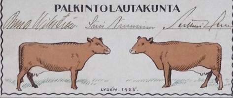 Marttilan Osuusmeijeri I palkinto maidon hoitokilpailu 1929  sign Lyden 1925  kehystetty 37x30 cm
