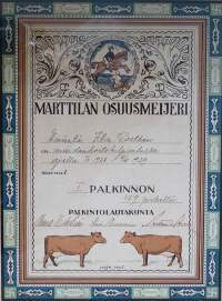 Marttilan Osuusmeijeri I palkinto maidon hoitokilpailu 1929  sign Lyden 1925  kehystetty 37x30 cm