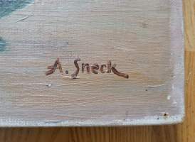 A.Sneck  &quot;Asetelma&quot;  öljyvärimaalaus kankaalle   koko 33x52 cm, kehystämätön