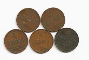 Tsaarin ajan 5 pennisiä 1866, 1873, 1889, 1897 ja 1901 yht 5 kpl erä