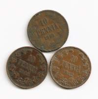 Tsaarin ajan 10  pennisiä 1865, 1908 ja 1912   3 kpl erä