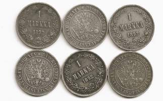 1 markka  1892   hopeaa 6 kpl erä