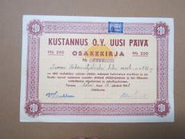 Kustannus Oy Uusi Päivä, Turku, 200 mk, 16.2.1948, numero 5446, omistaja Suomen Rakennustyöläisten Liitto osasto 241 ry -osakekirja