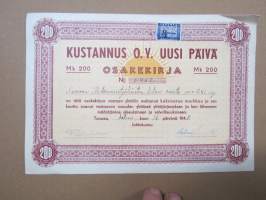 Kustannus Oy Uusi Päivä, Turku, 200 mk, 16.2.1948, numero 5450, omistaja Suomen Rakennustyöläisten Liitto osasto 241 ry -osakekirja