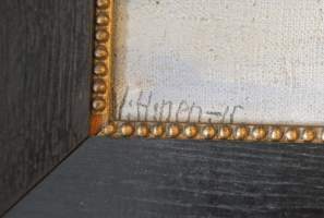 Tuntematon taiteilija, talvimaisema öljymaalaus kankaalle sign V:H:nen -15, koko 38x50 cm tammikehys