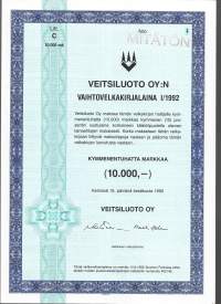 Veitsiluoto Oy, vaihtovelkakirjalaina 10 000 mk, Kemi 15.6.1992