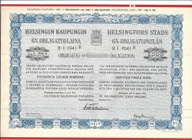 Helsingin Kaupungin 6 % obligatiolaina   2.1.1941 II,  Litt  E 5 000 mk, Helsinki 2.1.1941