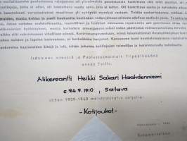 Talvisodan 1939-1940 muistomitali soljella &quot;Kotijoukot&quot;, alikersantti H.S.H, Satava (Turku) -myöntökirja