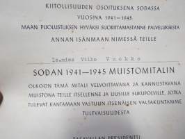 Sodan 1941-1945 (Jatkosodan) muistomitalin myöntökirja, ilmasuojelumies Vilho Vuokko, (Turku)