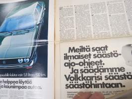 Auto sanomat 1974 nr 2 -Volkswagen asiakaslehti, Passat TS, Kupla kertaa Kupla,  Energian säästö ja kattonopeus, Reilun pelin VW-korjaamot