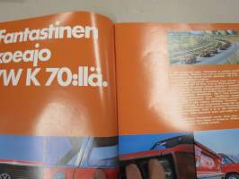 Kupla 1971 nr 2 -Volkswagen asiakaslehti, Koeajo VW K70, Kelluva Kansanauto, Kestää - sietää - väsyy, HUU-211 - 1965 - Kauko Elomaa yli 200 000 km tulppia vaihtaen