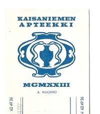 Kaisaniemen Apteekki Helsinki A Wuokko, resepti  signatuuri  1962