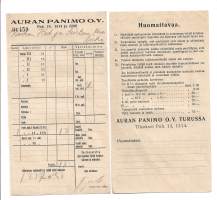 Auran Panimo Oy  lähetyslista 1938 - firmalomake