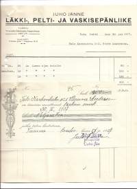 Juho Jänne  Läkki-, Pelti- ja vaskisepänliike Turku 1937 - firmalomake